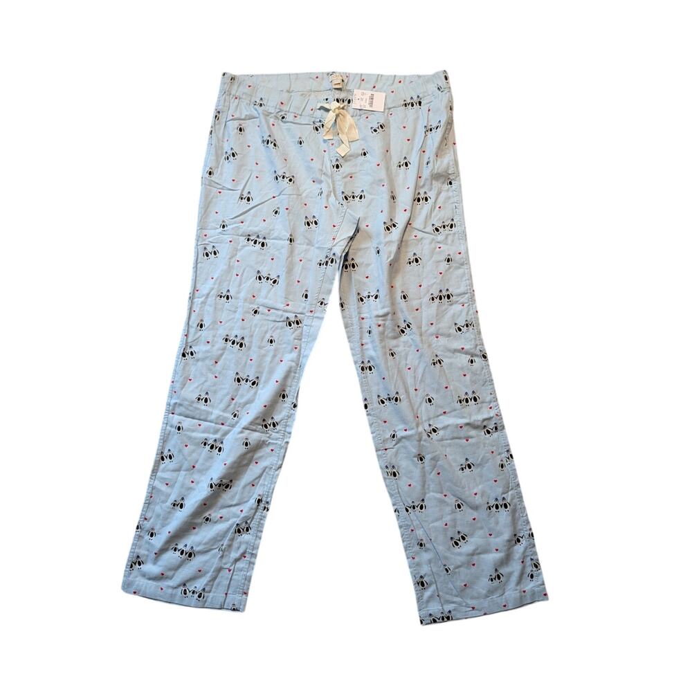 J.Crew Womens Large NWT Light Blue Penguin Heart Flannel Pajama Pants Drawstring